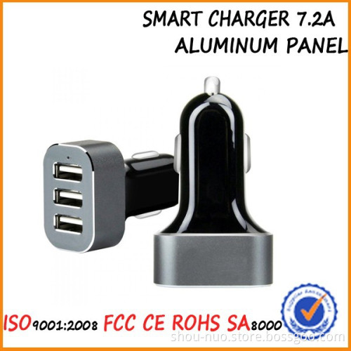 2015 new design aluminum heads porable mobile phone triple usb 7.2a car charger,7.2a triple usb car charger